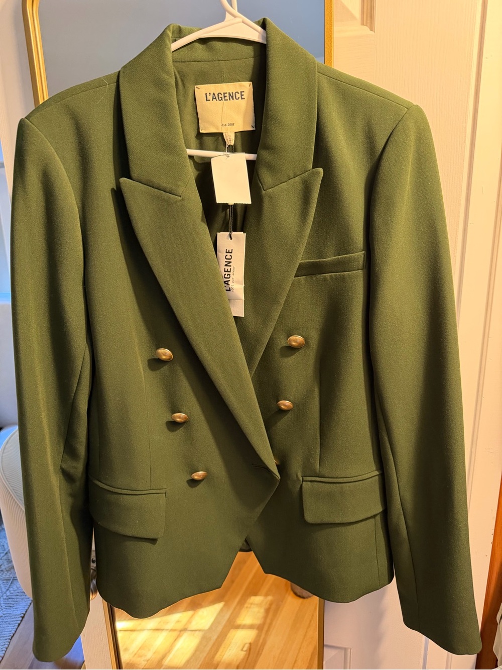 L'AGENCE Olive Green Double-Breasted Blazer with Gold Buttons